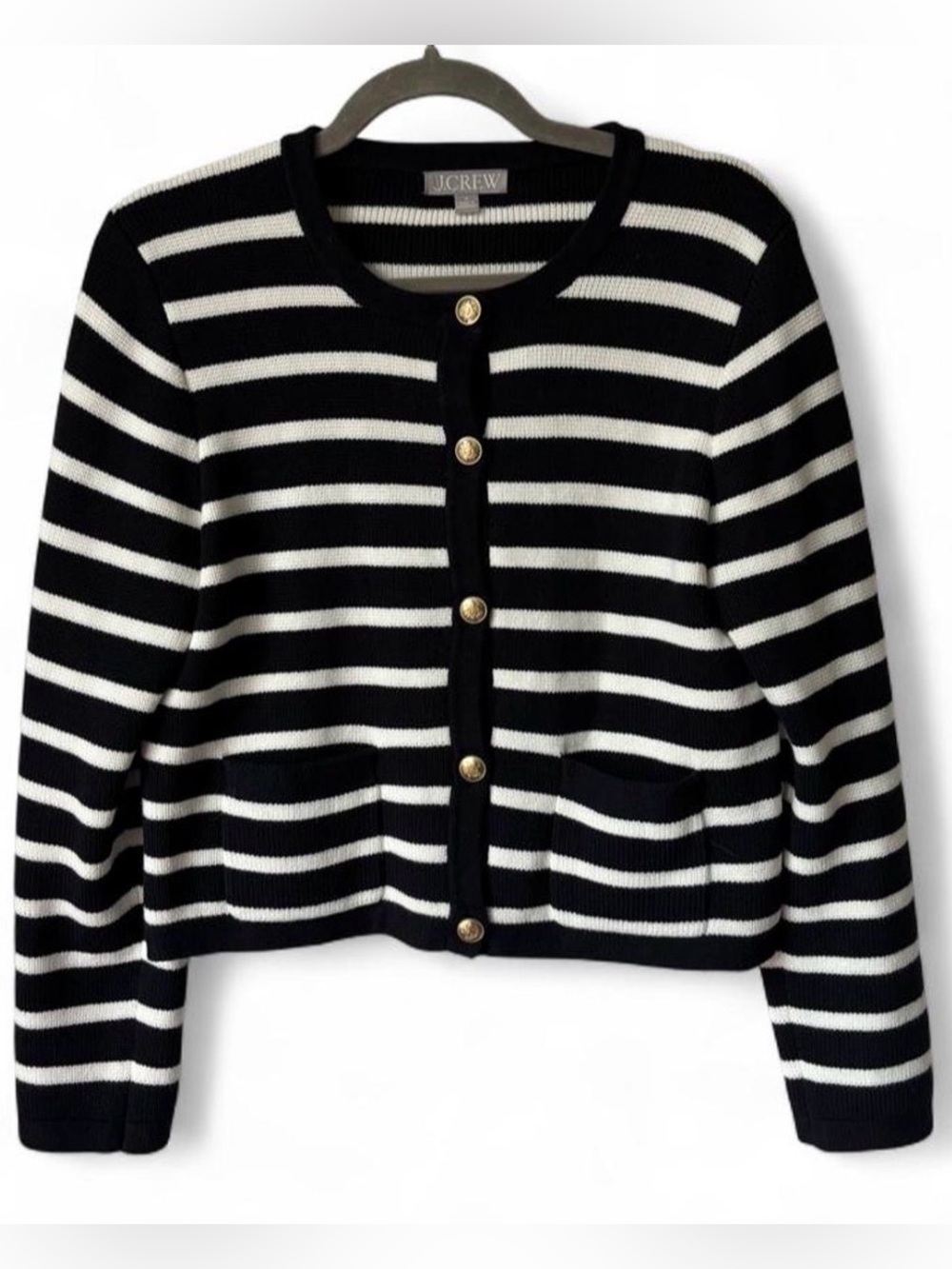 J. Crew Black and White Striped Crewneck Cardigan Gold Buttons 100% cotton Small